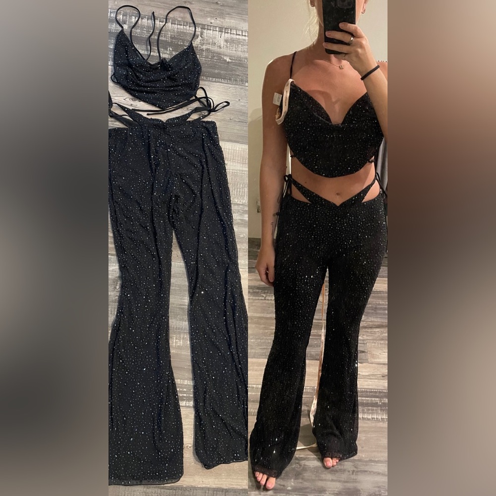 Oh Polly Black Embellished Cut-Out Flared Trousers And Cowl Neck Tank Set